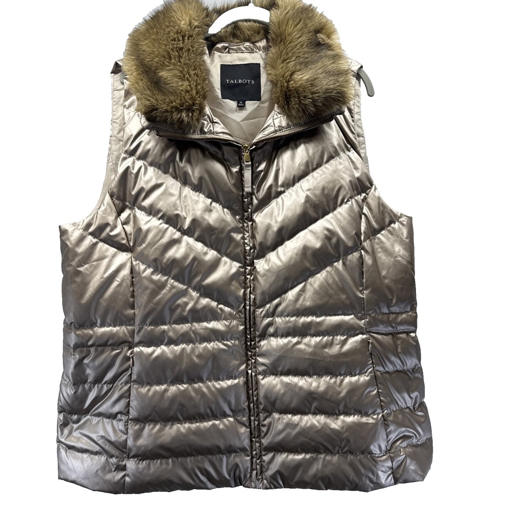 Talbots Women's Puffer Vest Size XL Gold Metallic Removeable Faux Fur Collar Zip